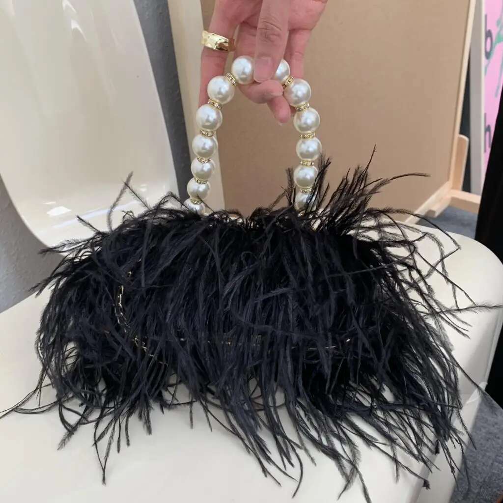 Ostrich Fur Feather Handbag Coin Wedding Purse Evening Wallet Bag Women Clutch Dia Knuckle Rings Dinner