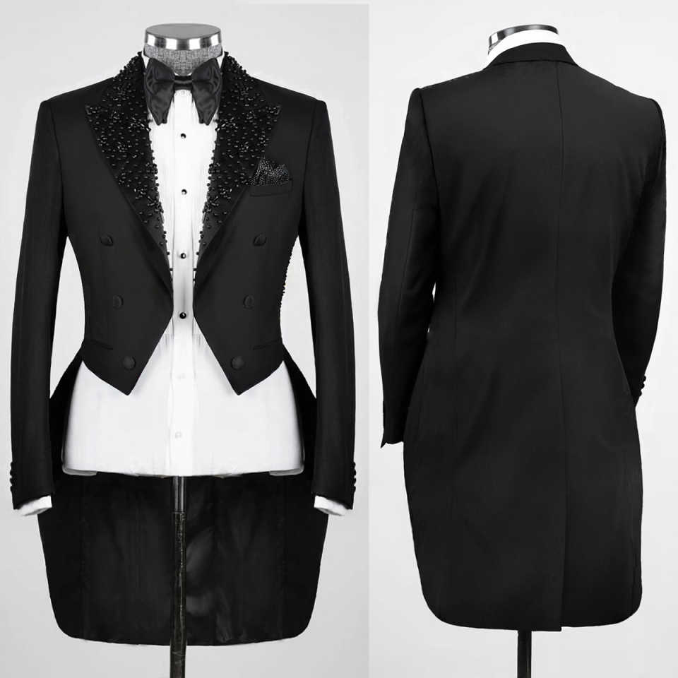 Black Men Tailcoat Customized Crystal Beading Business Groom Wedding Pants Suits Fashion Show Wear 2 Pieces