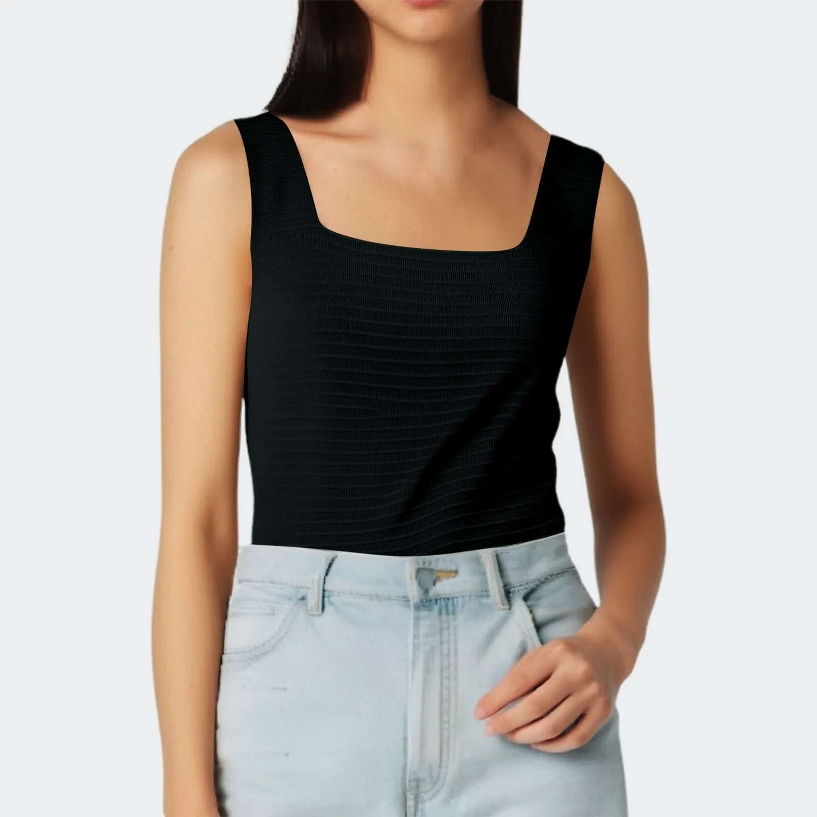 Dongdumaoyi Summer Crop Women Seamless Square Collar Wide Straps Tank Knitted Striped Camisole Solid Corset Top Female Women S Tight Underwear