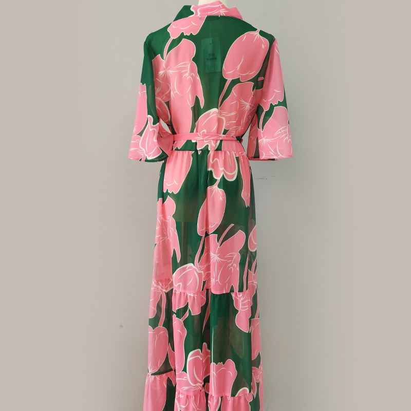 Spring/Summer 2025 Hot Selling Fashion Print Lantern Sleeve Lace up Split Polo Dress Midlength Dress