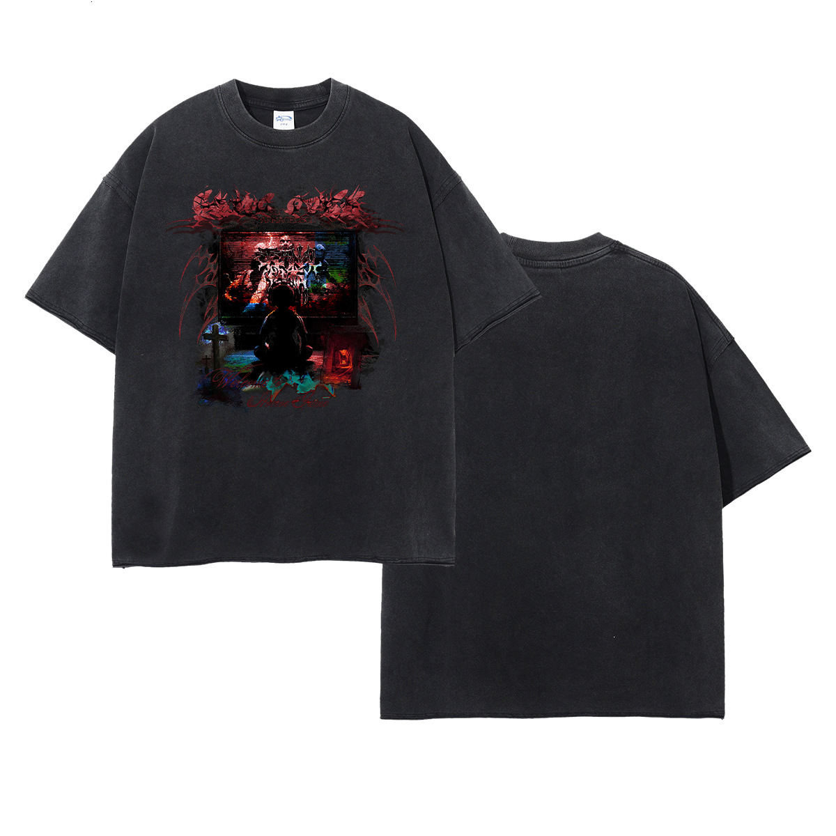 2025 Summer Trendy Brand Wax Printing Used Curled Edge Short sleeved for Men, 275g Water Washed Loose Digital Printed T-shirt