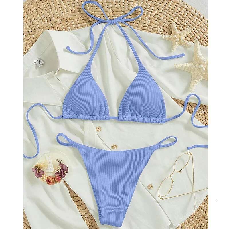 2024 Special Pit Stripe Fabric Set Women Sexy Simple Solid Halter Bikini Swimsuit High Waisted Lace Up Beach Bathing Suit