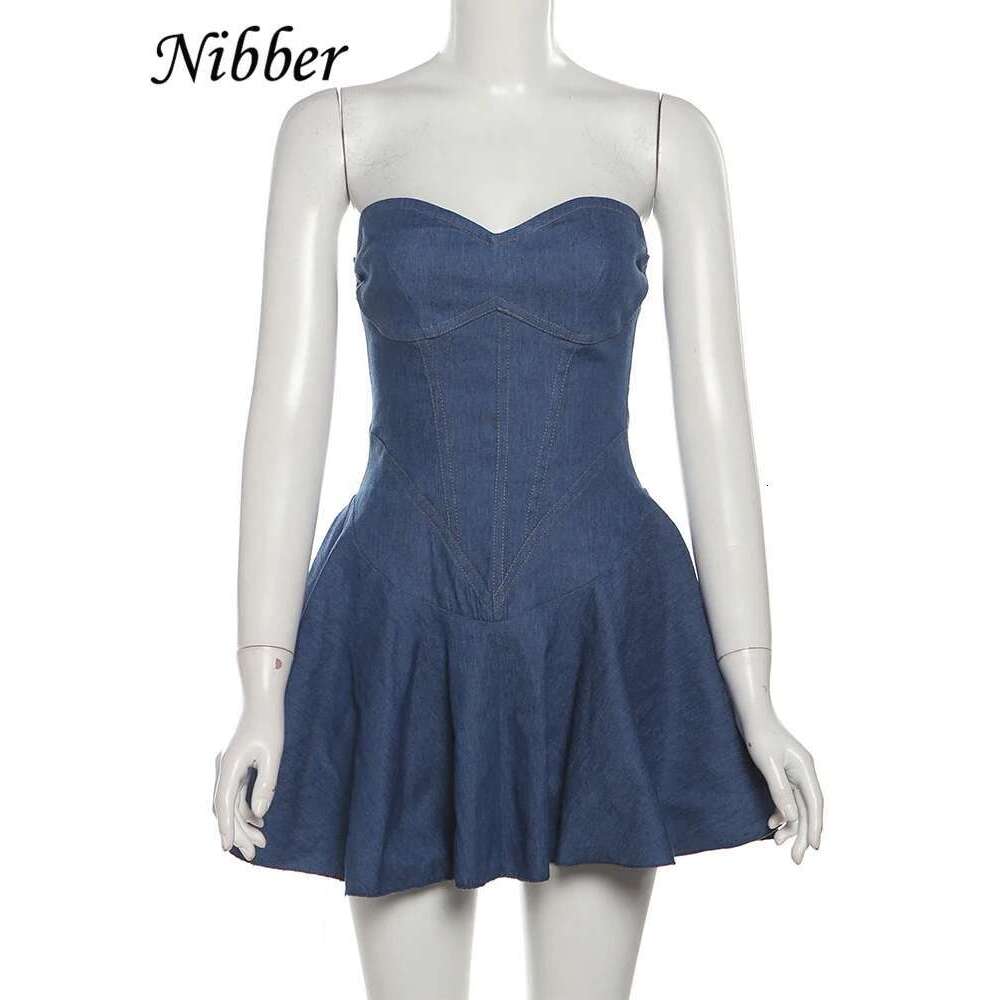 Nibber Denim Pleated Mini Dress Women Solid Wrapped Chest Sleeveless Classic Summer Trend Vestidos Female Concise Street Robe