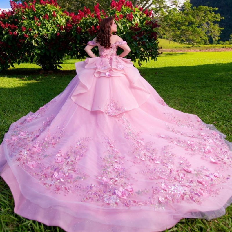 Pink Quinceanera Dresses Off Shoulder Ball Gown Sweet 16 Dress Sequin Applique Flower Beads Tull Birthday Party Vestidos 15 De Anos
