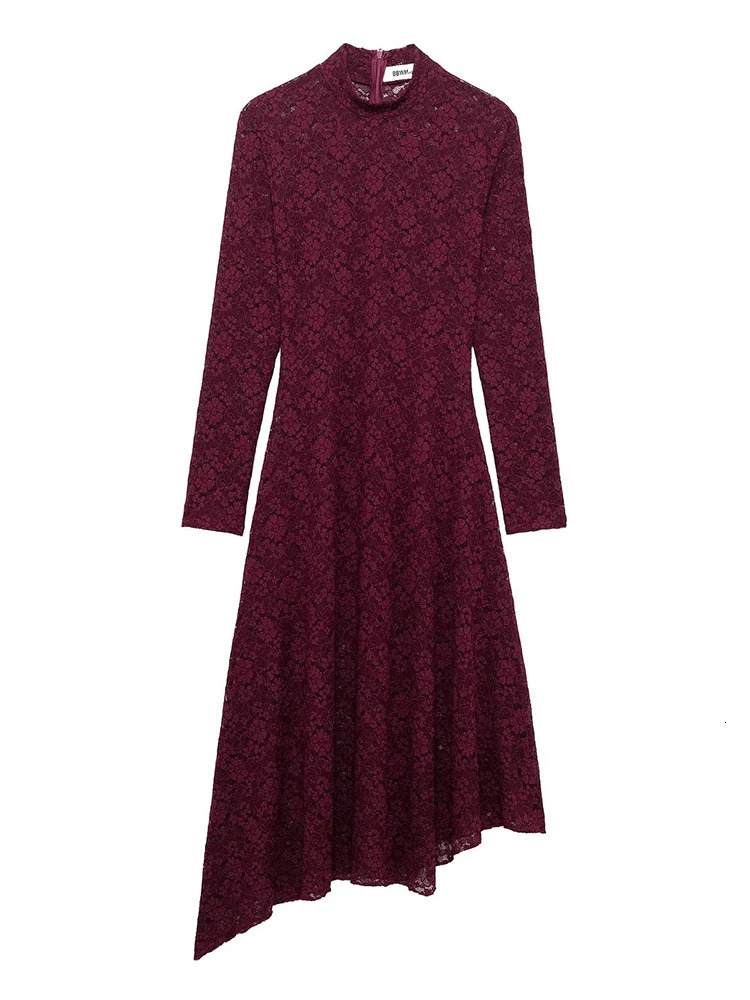 TRAF Eleagnt Womens Solid Lace Midi Dress Ultra Thin Asymmetric Long Sleeve Party Sexy Hollow Beach 250409