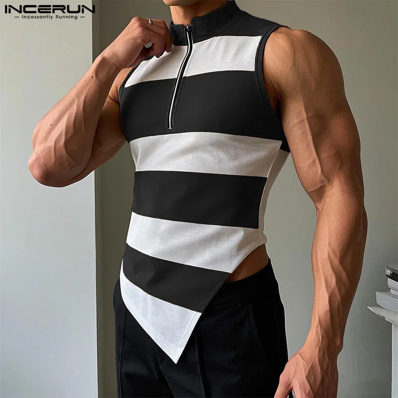 INCERUN Mens Tank Top Sleeveless Striped Three way Irregular Clothing Summer Bracket Collar Zipper 250409