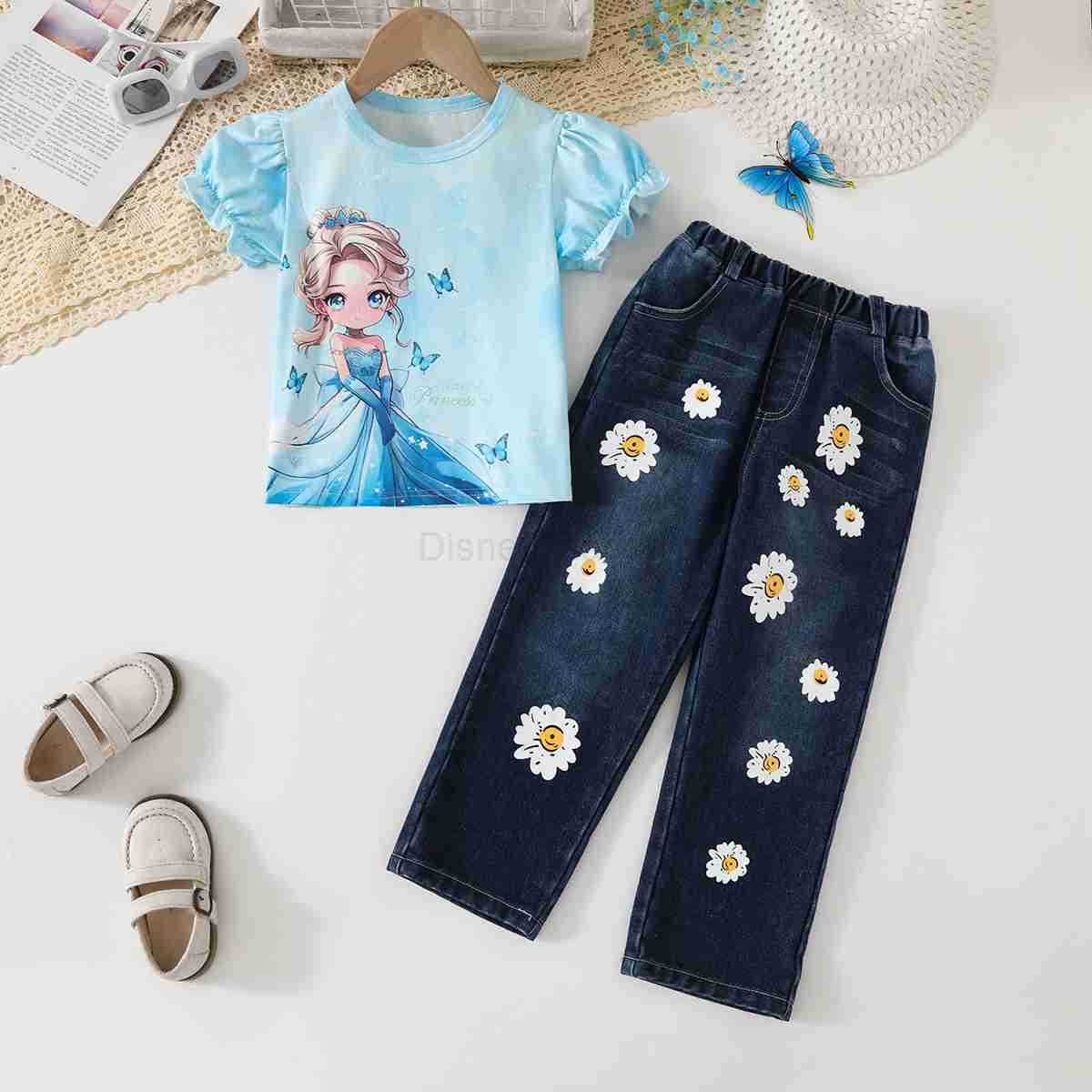 Disney 2025 Summer New Girls Two piece Dress Cartoon Short Sleeve Frozen Printed Jeans SetXJ250409