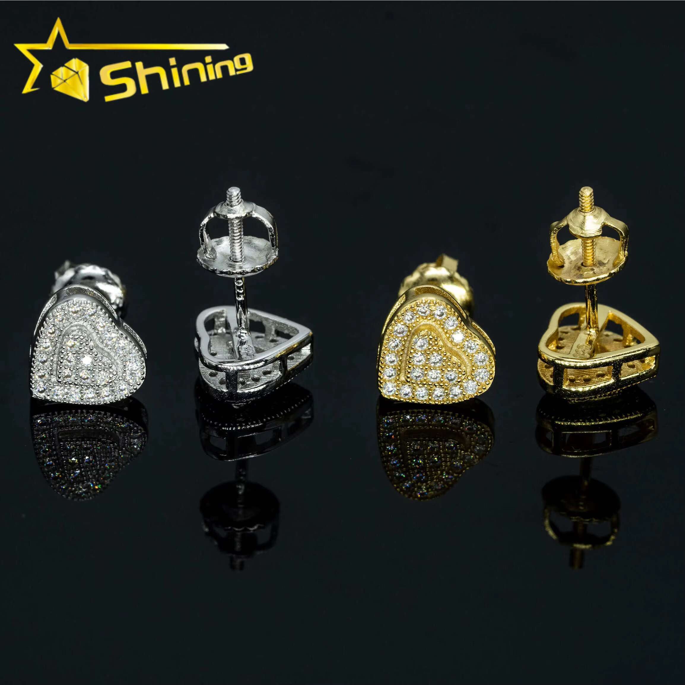 Factory Price Fine Women Heart Shape Earrings S925 Silver Gold Plated Screw Back Moissanite Stud Earrings
