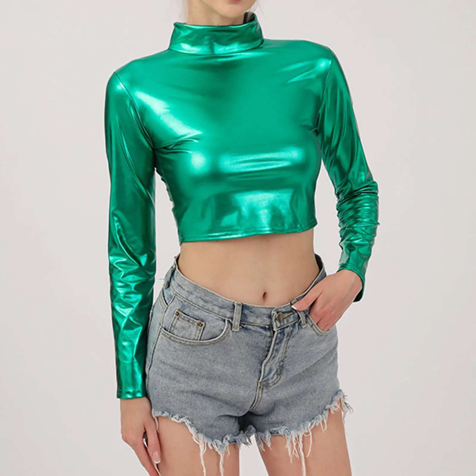 Dongdumaoyi Women Metallic Liquid Crop Top Turtleneck Long Sleeve T Shirt For Rave Club Dance Costume Wet Look Short Holographic Cropped