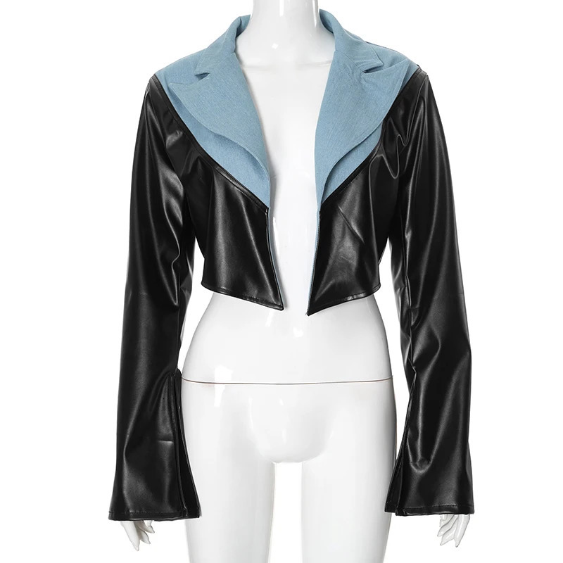 CUTENOVA Autumn Cardigan Sexy Short Jacket Flip Collar Denim and Leather Patch Workwear Top Womens Casaul 250409
