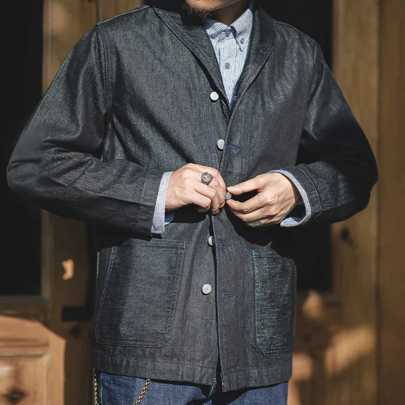 Maden collar denim jacket 135 oz multi pocket mens retro deck workwear shirt highquality fashionable clothing 250409