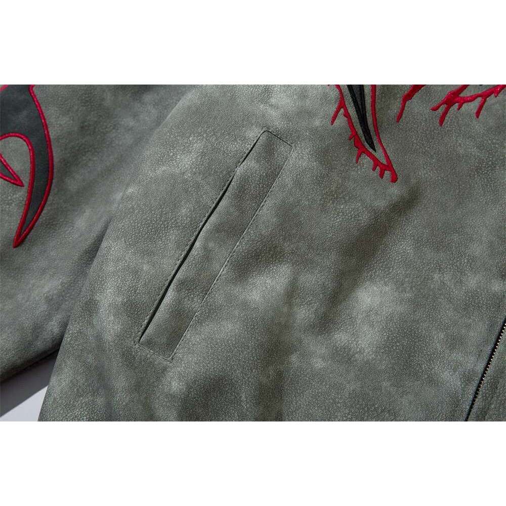 Flame Letter Leather Jacket Mens High Street Autumn Winter Loose Stand Collar Long Sleeve Zipper Fly Outerwear Men