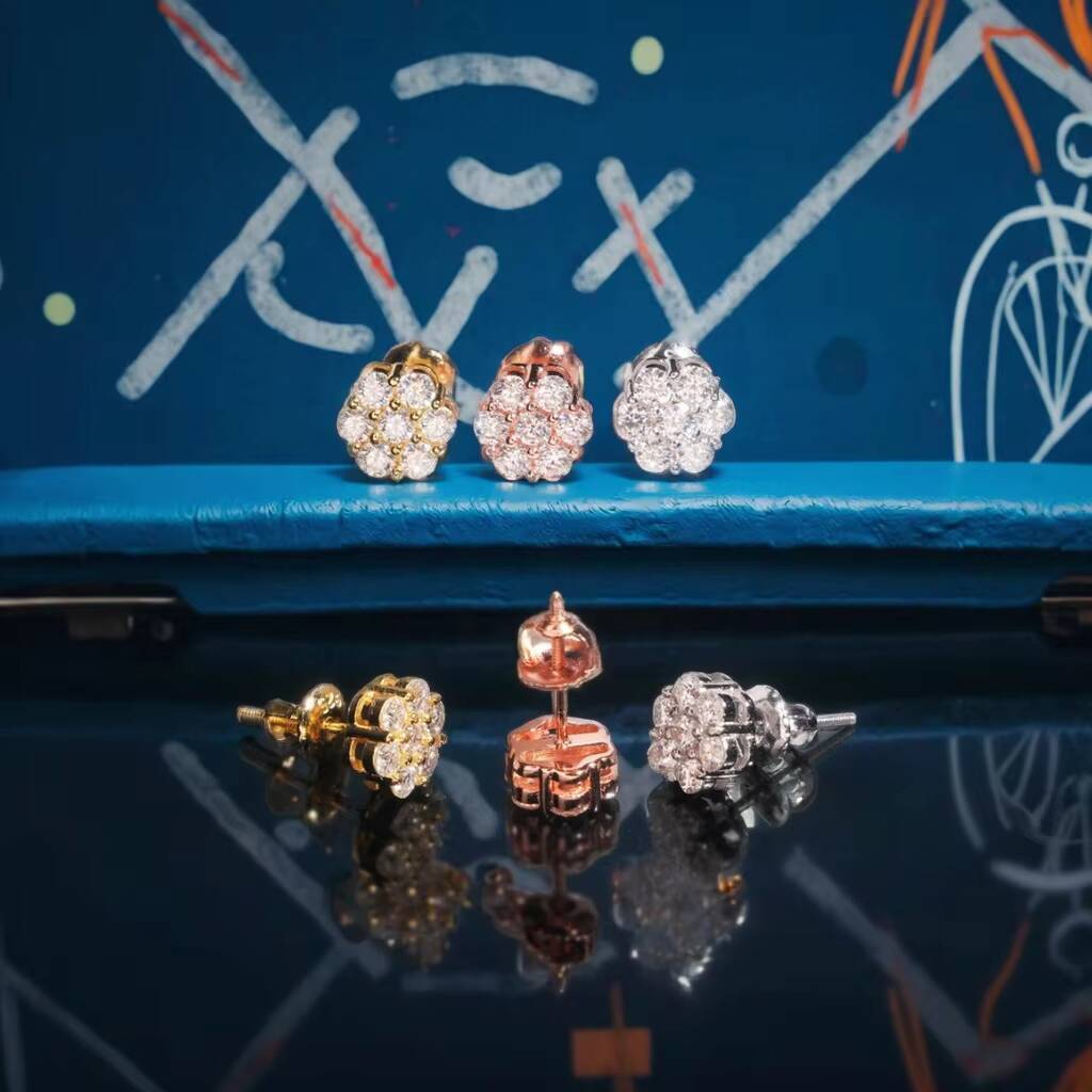 Hip Hop Fine Jewelry 925 Silver Screw Back Iced Out Round VVS Moissanite Flower Stud Earrings for Men Party Daily Wear