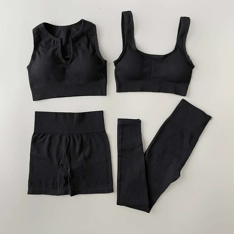 Seamless Set Ribbed Workout Outfits for Women 2/4 Piece Sport Bra High Waist Shorts Yoga Leggings Sets Fiess Gym Clothing