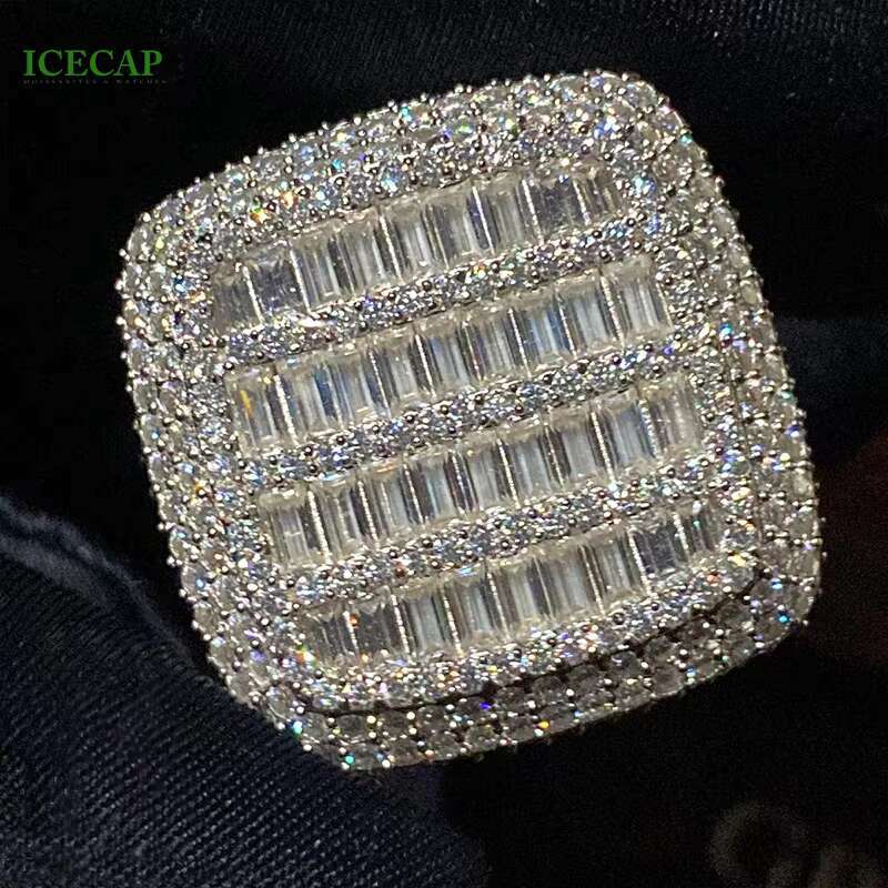Iced Out Hip Hop Jewelry Baguette Cut VVS Moissanite Ring 925 Silver White Gold Plated Men Women Ring