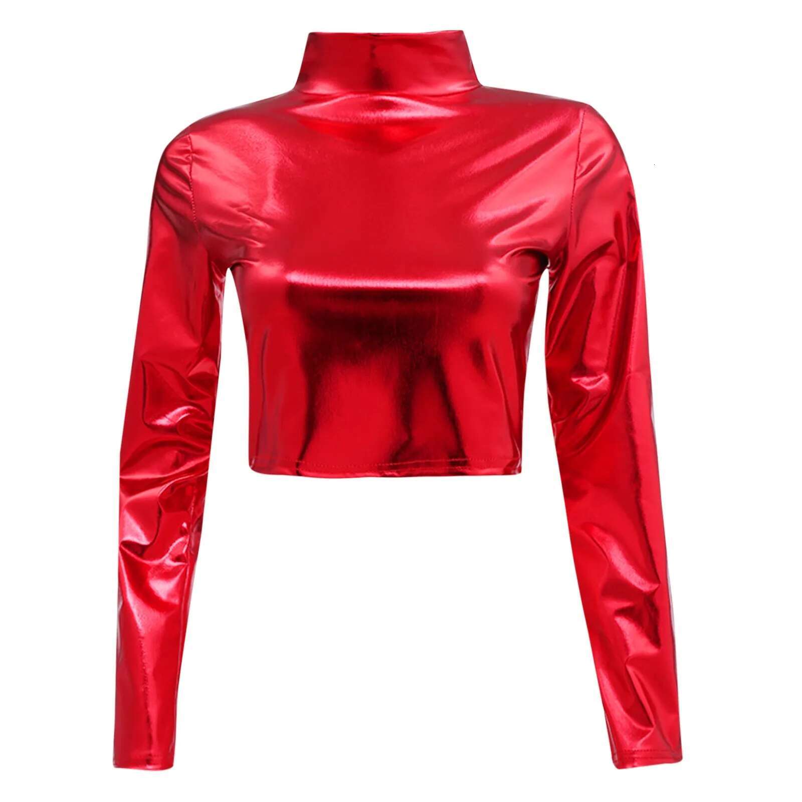 Dongdumaoyi Women Metallic Liquid Crop Top Turtleneck Long Sleeve T Shirt For Rave Club Dance Costume Wet Look Short Holographic Cropped