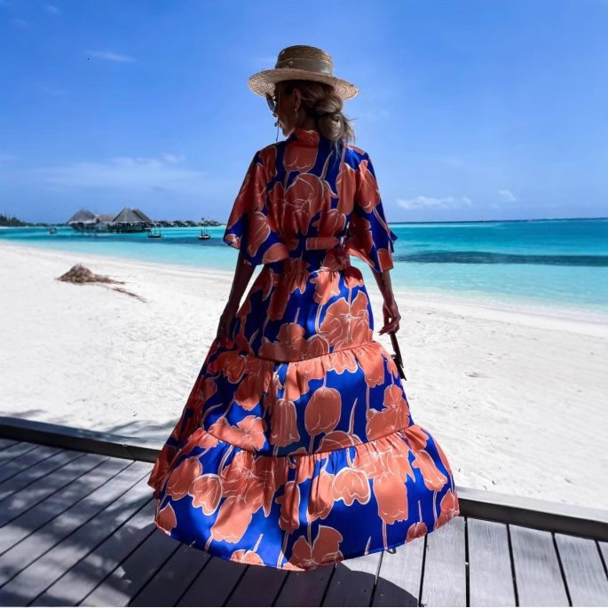 Spring/Summer 2025 Hot Selling Fashion Print Lantern Sleeve Lace up Split Polo Dress Midlength Dress