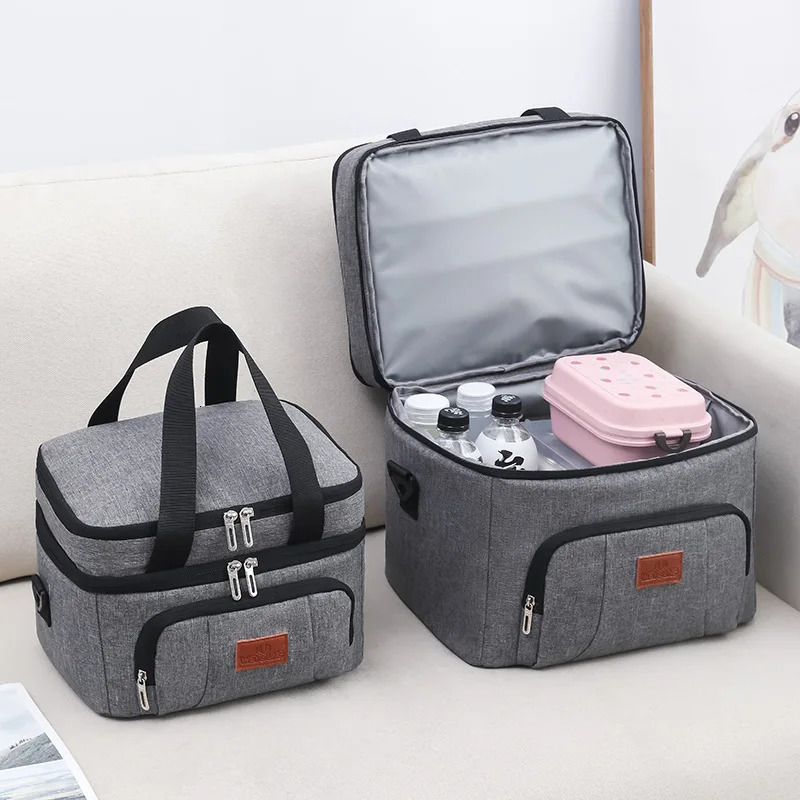 Portable Double Layer Bento Lunch Bag Large Capacity Picnic Insulation Bags Tote Shoulder Lunbox Drink Thermal Bag For Lunch 250407
