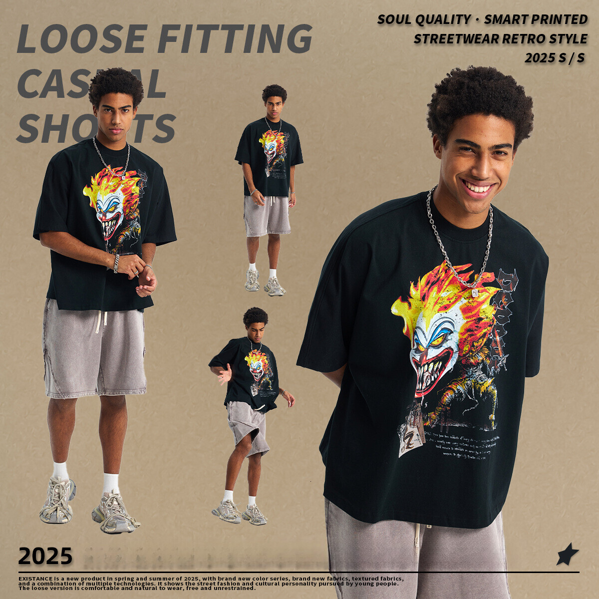 Chain Wear | 2025 Spring/Summer New Short sleeved Men's Dark Art Clown Personalized Trendy Brand Printed T-shirt