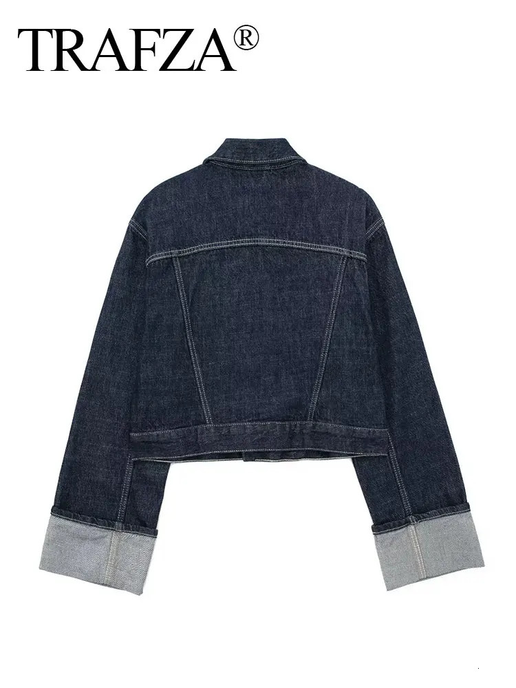 TRAFZA Womens Retro Denim Jacket Single Chest Collar Long Sleeve Pocket Deep Blue Fashion Street 250409