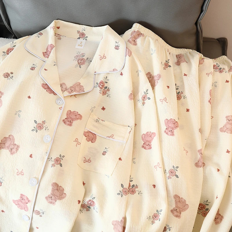 Womens Pajama Set Y2K Cartoon Bear Flower Print Autumn Kawaii Harajuku Style Casual Home 250409
