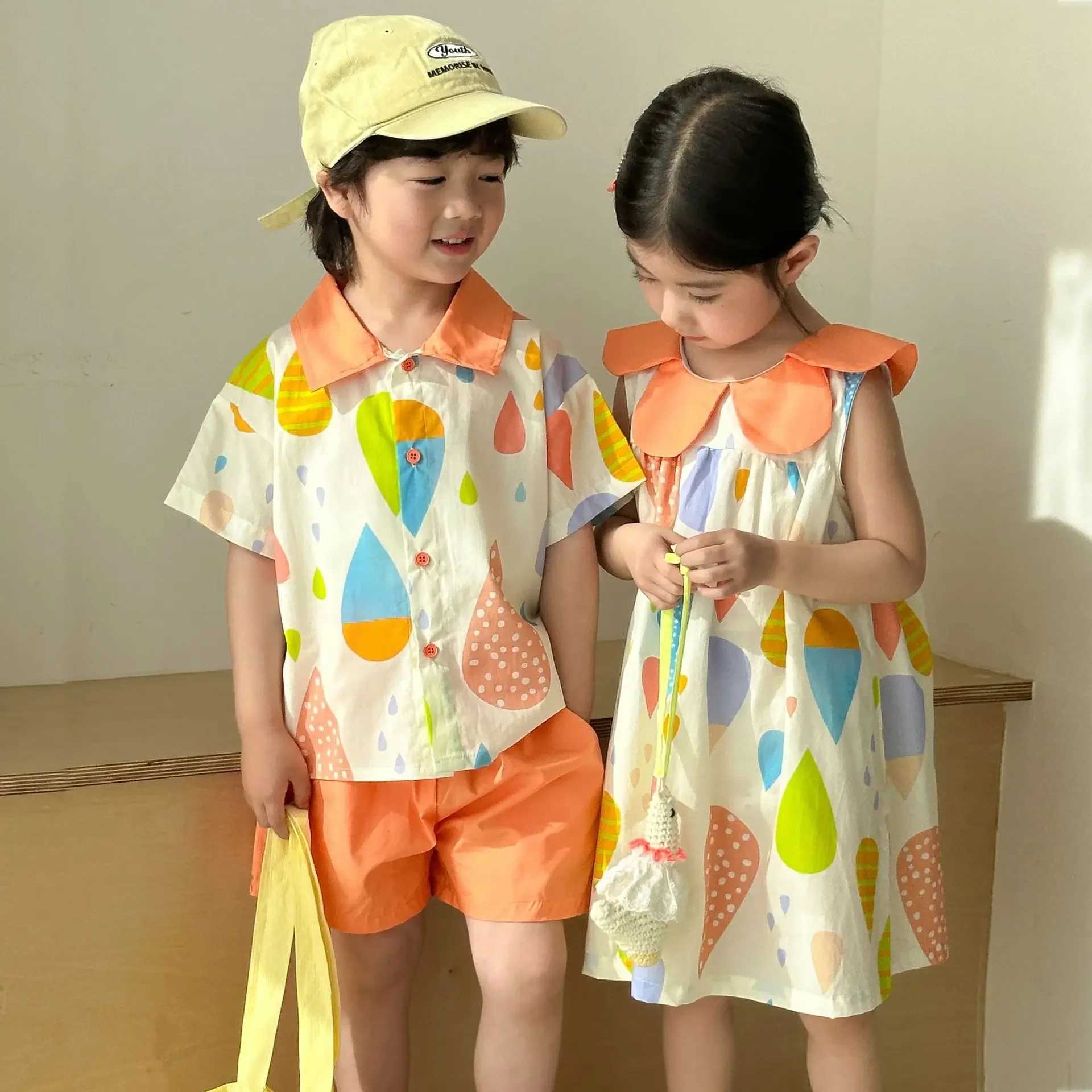 Childrens Set Brother sisters Clothing 2025 Hot Summer Color Boys Set or Girls Dress 1-10 Childrens Holiday Clothing S2548