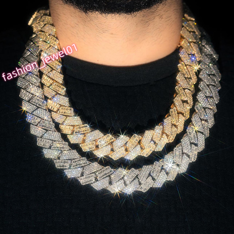 Custom Luxury 22mm Baguette Chain 925 Sterling Silver D White Baguette and Round Moissanite Cuban Link Chain Mans Necklace