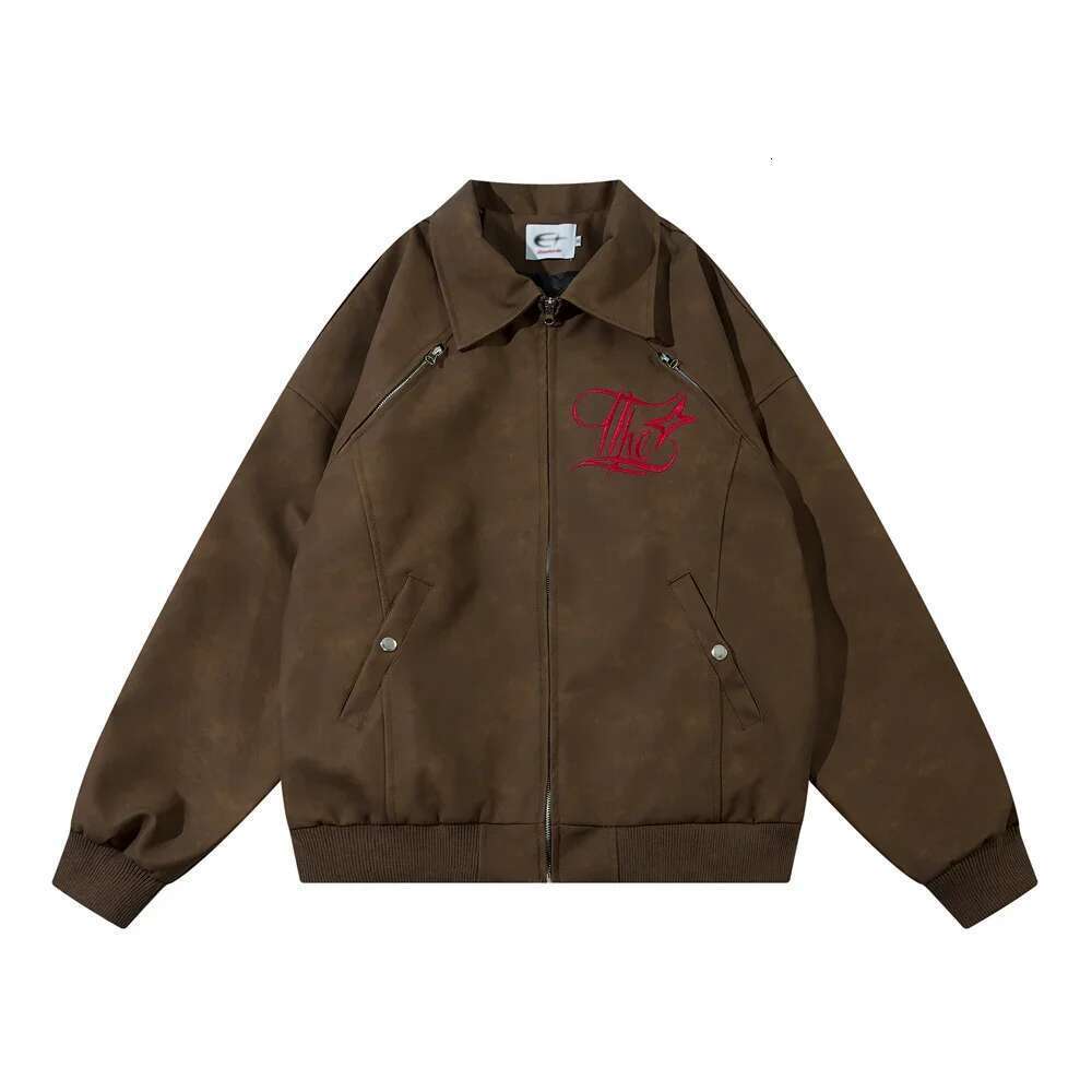 Letter Embroidery Spliced Leather Jacket Mens Retro High Street Autumn Winter Lapel Long Sleeve Outerwear Men