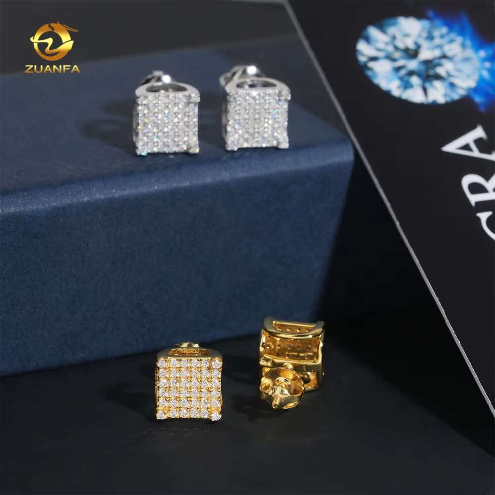 Hip Hop Square Stud 925 Sterling Silver Men Screw Back Iced Out Moissanite Earrings