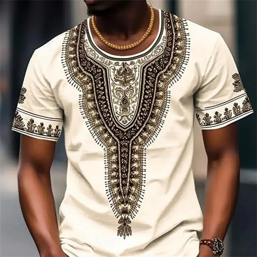 Summer Mens Vintage T-shirt Ethnic Style Printed Top Street Fashion O-Neck Short Sleeve Leisure Holiday Top Plus Size Clothin 250408