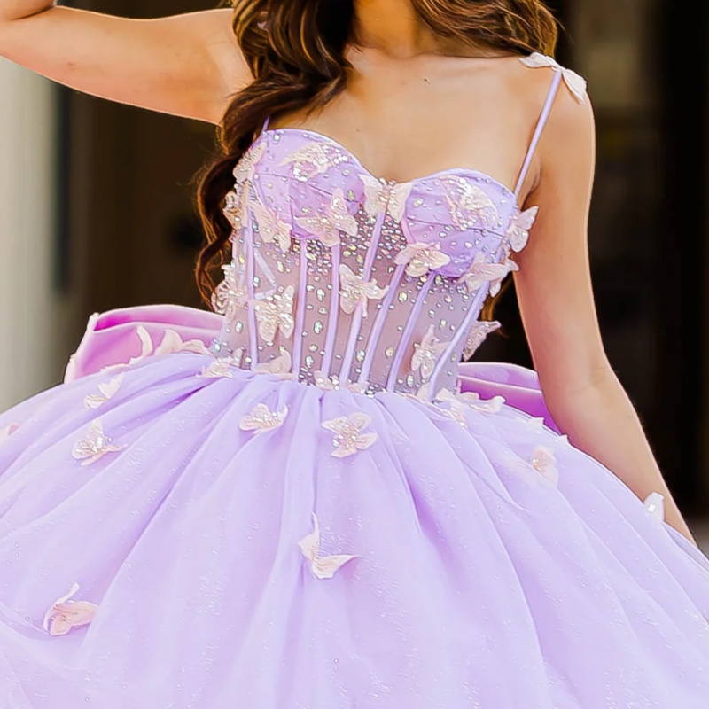 Lilac Shiny Princess Quinceanera Dresses Spaghetti Strap Beading Crystal Bow Tull Sweet 16 Dress Ball Gown Vestidos 15 De Anos