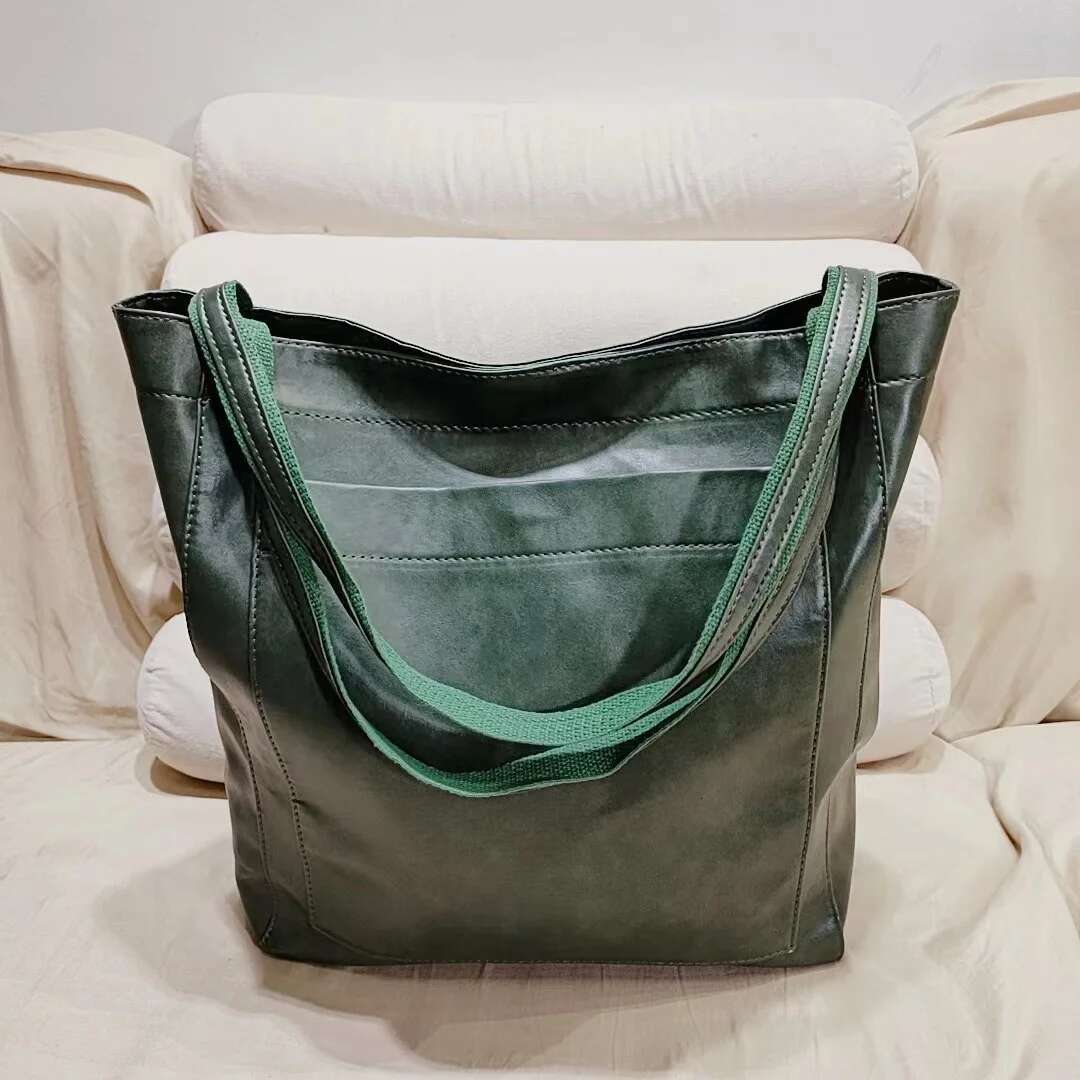 Oil And Wax Pu Leather Large Capacity Tote Shoulder For Women Soft Vintage Lady's Handbag Underarm Bag Casual