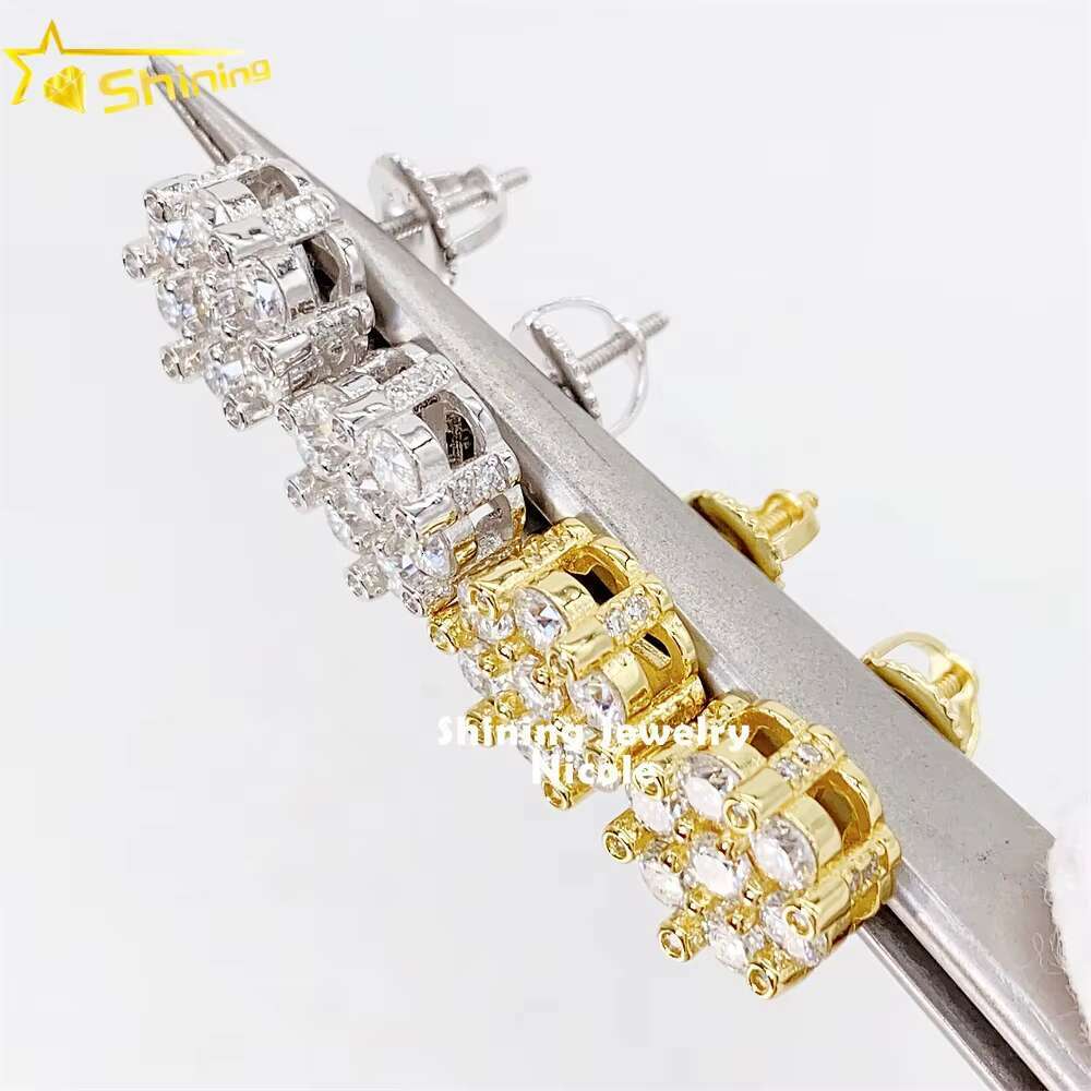 Hip Hop Iced Out Jewelry Luxury Moissanite Stud Men 925 Silver Flower Diamond Earrings
