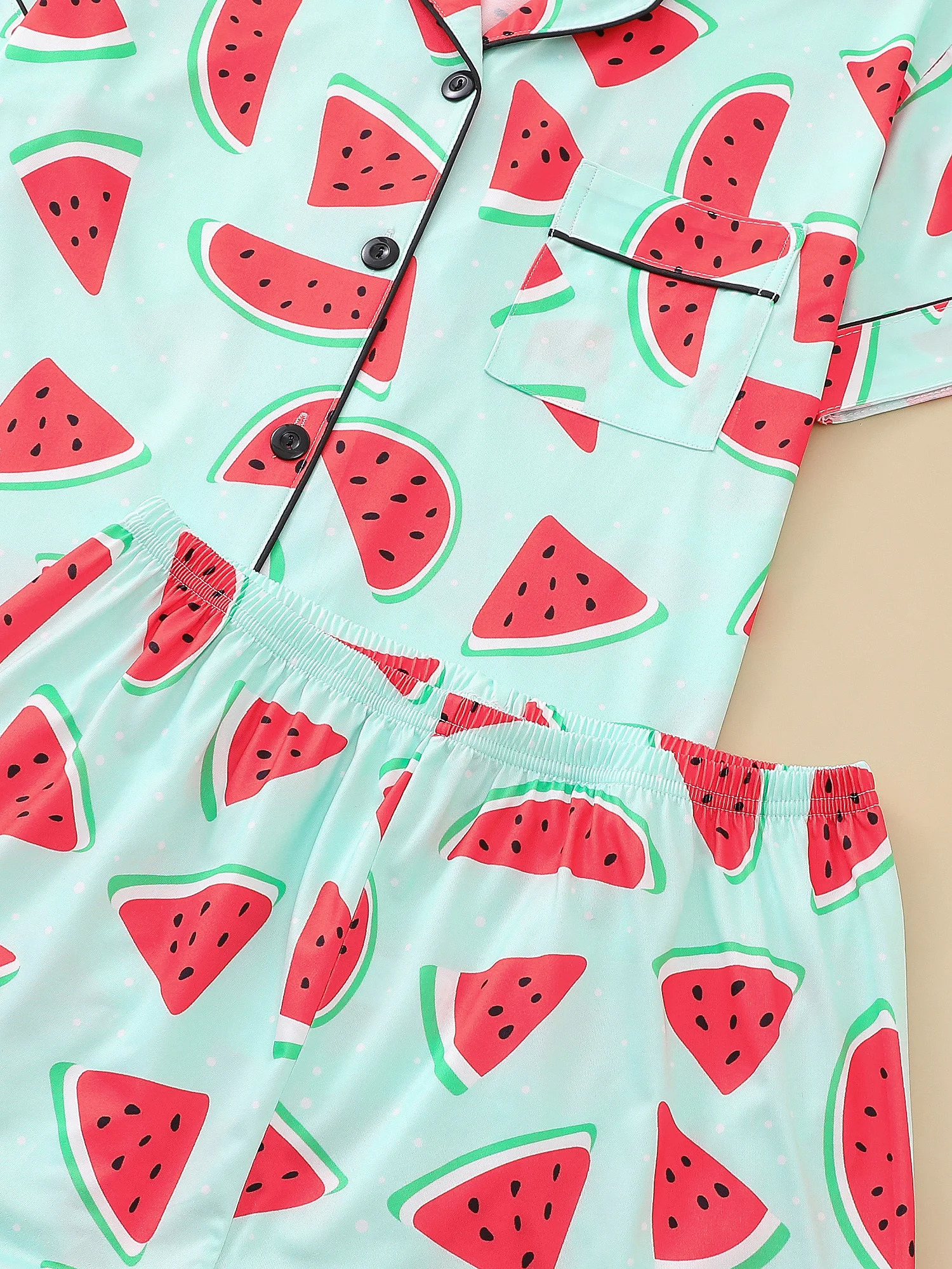 Two piece womens pajama lapel top and trousers watermelon summer casual pajamas 250409
