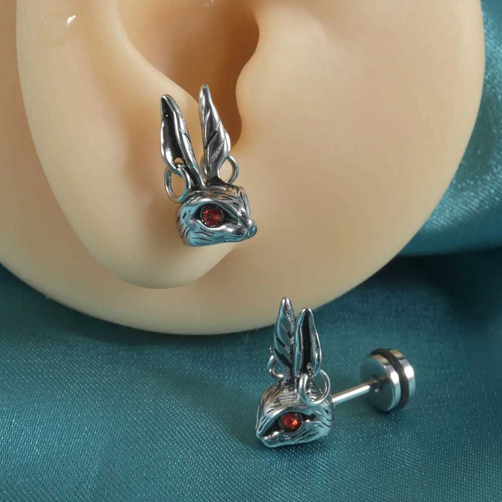 2Pcs Punk Steel Skull Bunny Stud Earrings Punk Flat Back Screw On Cool Star Ear Lobe Studs Cartilage Helix Piercing Z250408