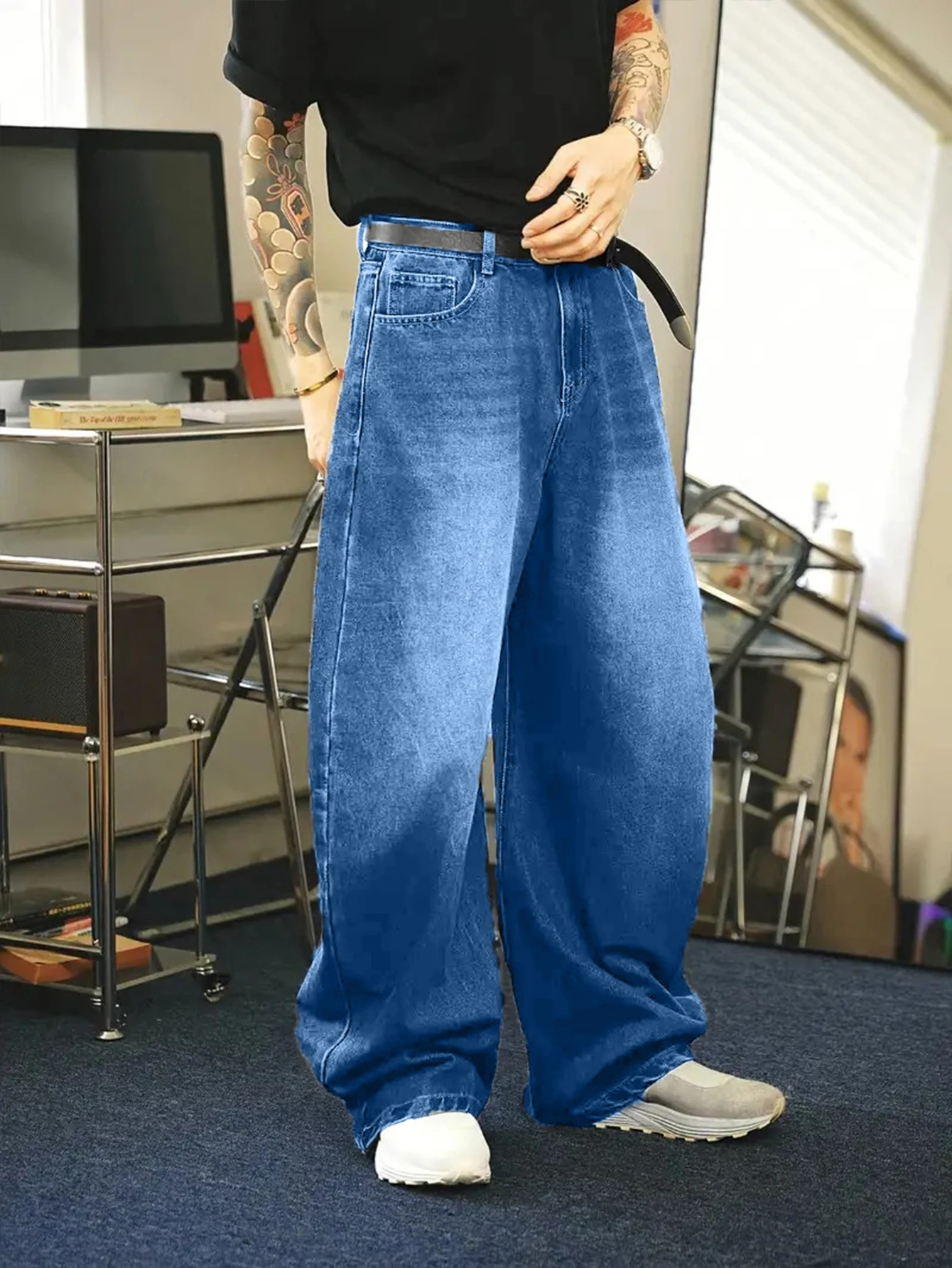 1Pc mens daily travel casual American street loose jeans black light blue sea blue fashion street style retro lantern jeans denim pants 250408