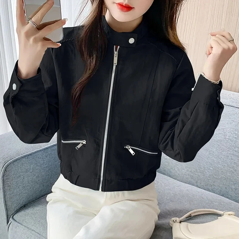 Spring and Autumn Womens Baseball Jacket Solid Color Casual Zipper Long Sleeve Stand up Collar Coat Chaquetas De Mujer 250409