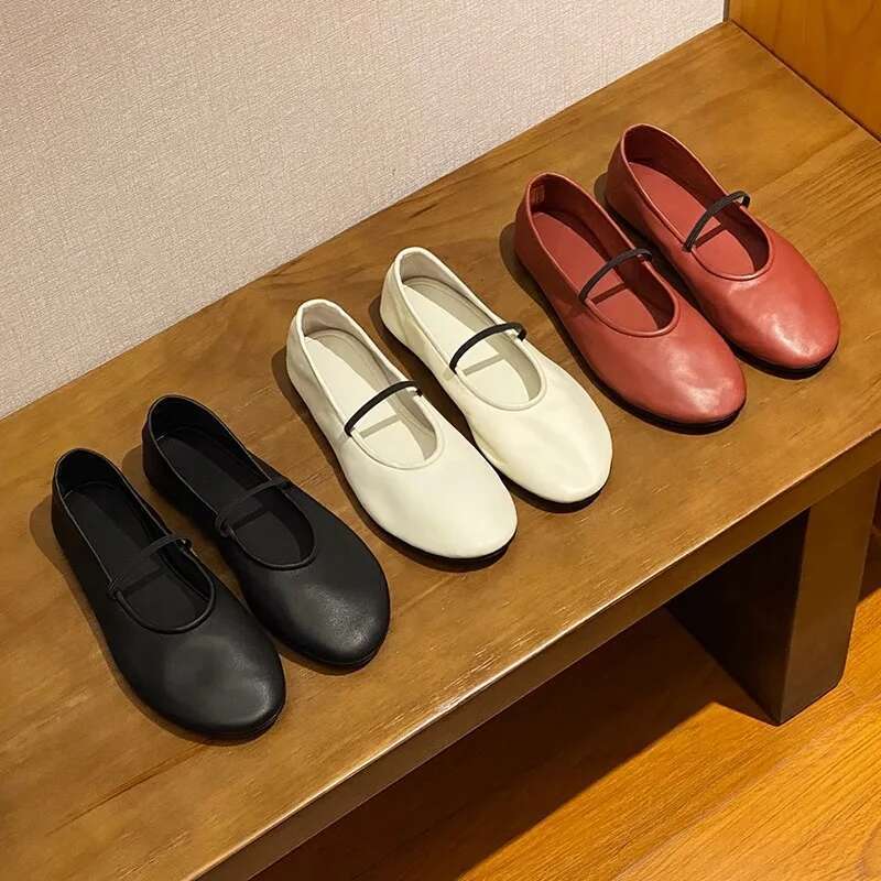 Round Toe Mary Janes For Women Elastic Band Solid Color Shallow Flat Female Concise Designer New Brand Girls Shoes