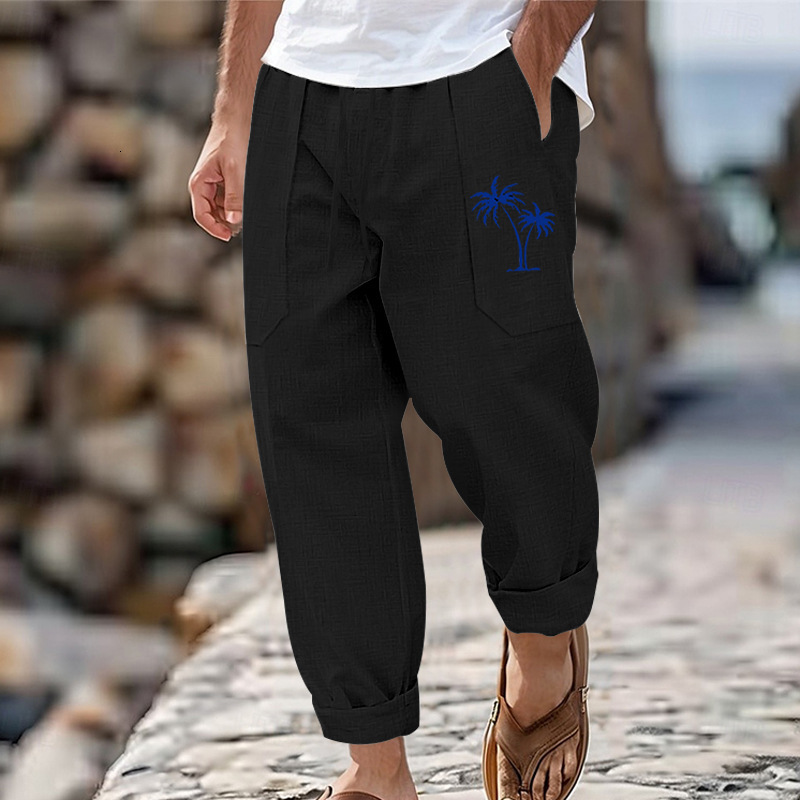 2025 New Designer Men Shorts New Fashionable Casual Beach For Men With Coconut Tree Print Cotton Linen Loose Pants