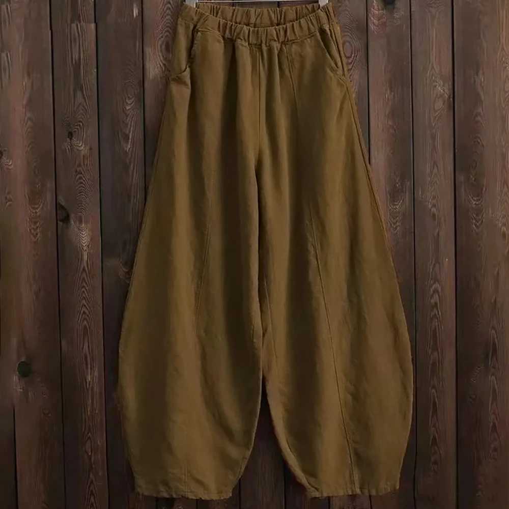 Spring/Summer 2025 Cotton Linen Style Blomer Wide Leg Pants Womens Retro Full Length Elephant Pants Solid Elastic Waist S-5XLXJ250403