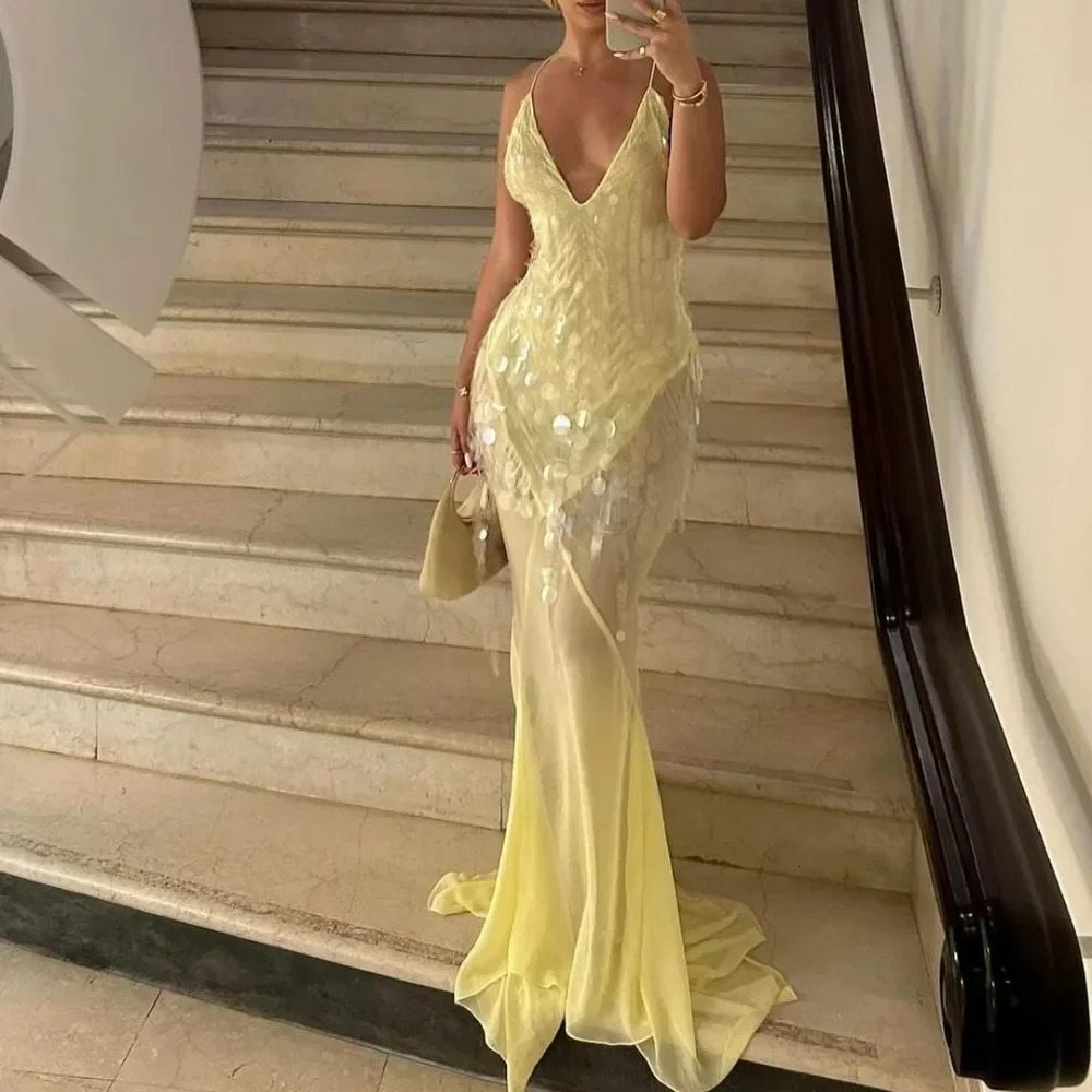 Yellow sequin Maxi beach dress womens sexy backless ultrathin party fish tail summer mesh patch work transparent holiday 250409