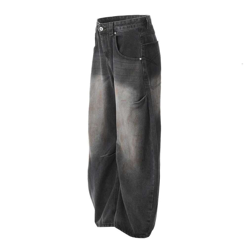 Dark Dirty Wash Jeans Mens Pleated High Street Loose Wide Leg Washed Distressed Denim Pants Men