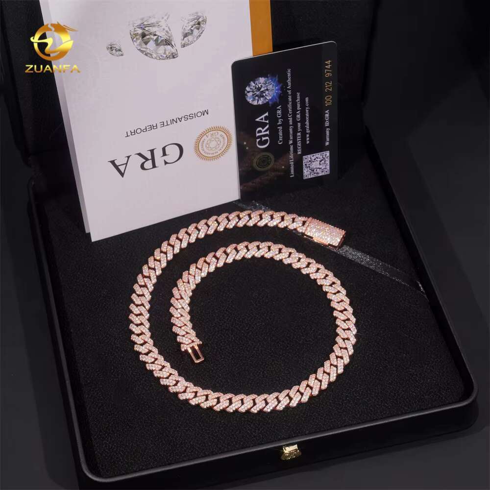 Cheap Price 2rows 10mm Cuban Chain Rose Gold Plated GRA Moissanite 925 Sterling Silver Necklace Cuban Link Chain Fine Jewelry
