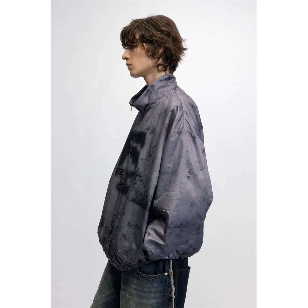 Letter Print Stand Collar Jacket Mens High Street Autumn Winter Long Sleeve Loose Zipper Fly Outerwear Men