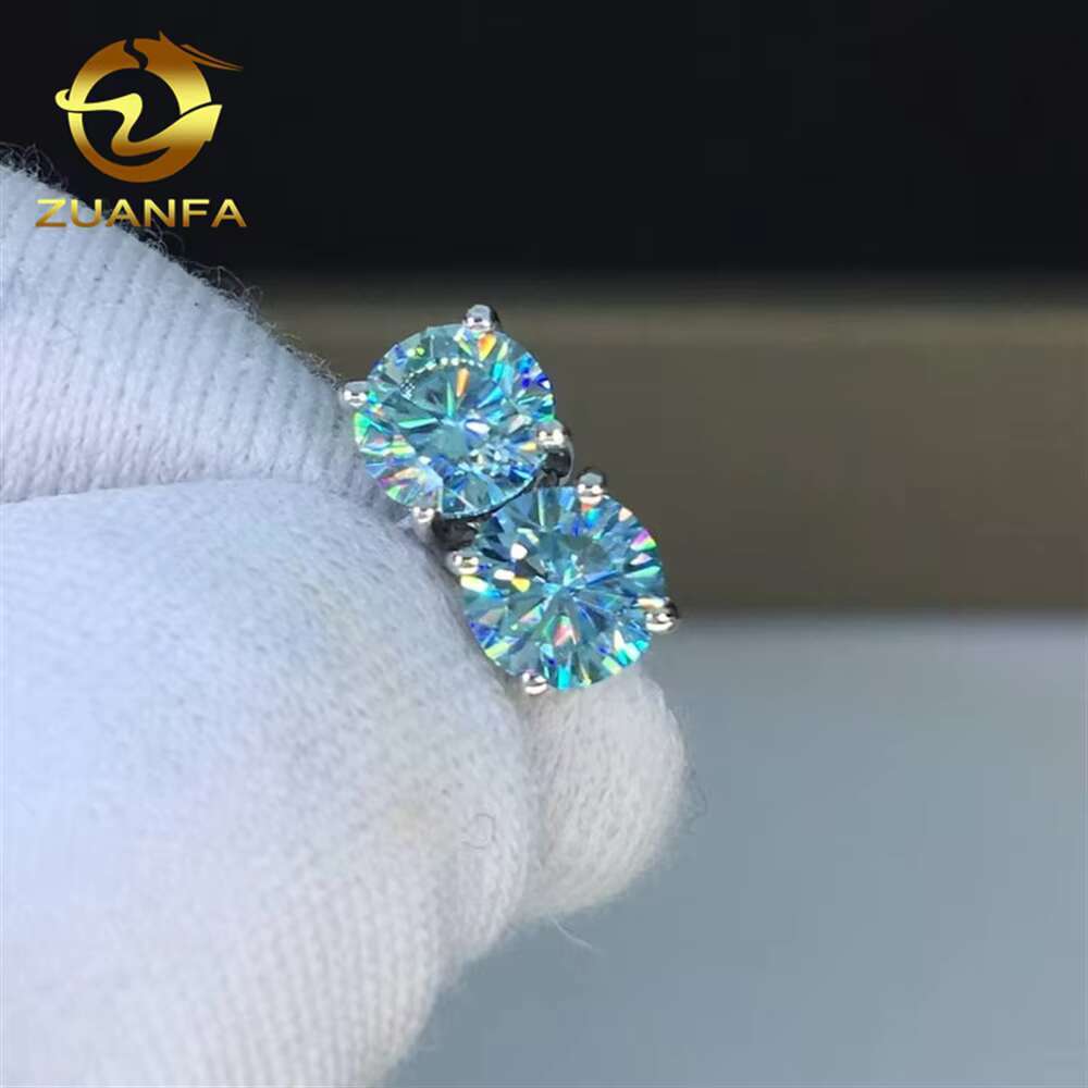 Wholesale 925 Sterling Silver Jewelry Diamond Stud Earrings Prong Setting Hiphop Iced Out Blue Green Moissanite Earrings