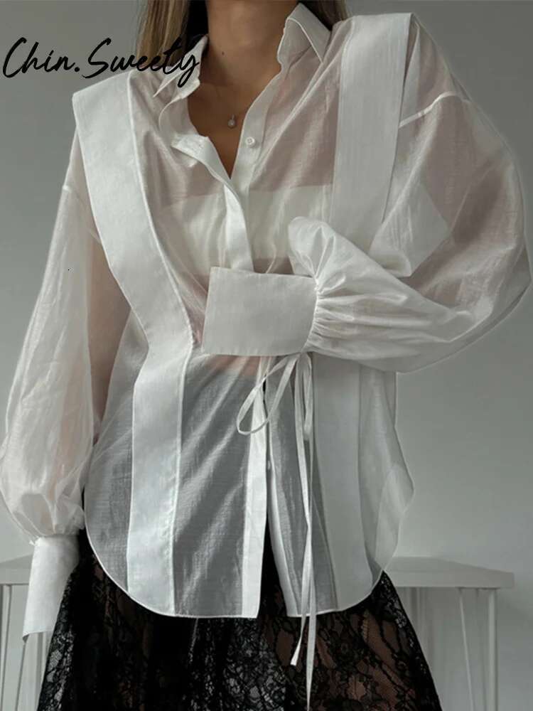 Casual Solid Women Shirt Elegant Long Sleeve Lapel Single Button Lace Up Female Shirts 2025 Spring Summer Chic Lady Clothes