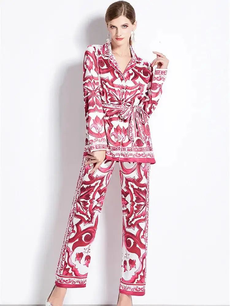 Women Notched Belt Shirt Top Elastic Waist Wide Leg Pant Suits Autumn Runway Red Blue and White Porcelain Silk Two Piece Set 250408