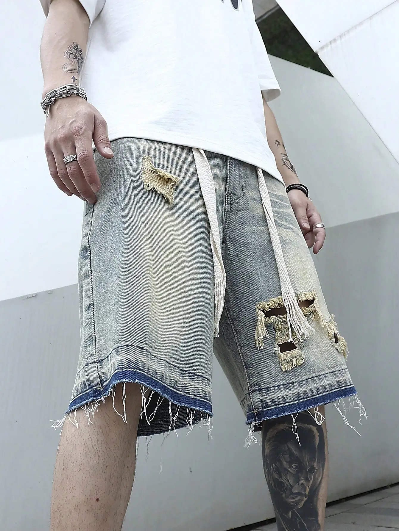 Mens summer stretch denim jeans mens cargo casual wide leg elastic waist bag shorts 250409