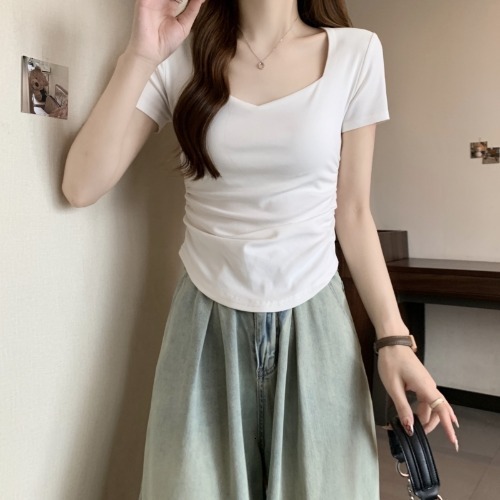 2025S Designer Women S T Shirt Square Collar Shoulder Sleeved T Shirt For Women In Summer New Style With Waist Cinching Slim Fit Short Style Student P
