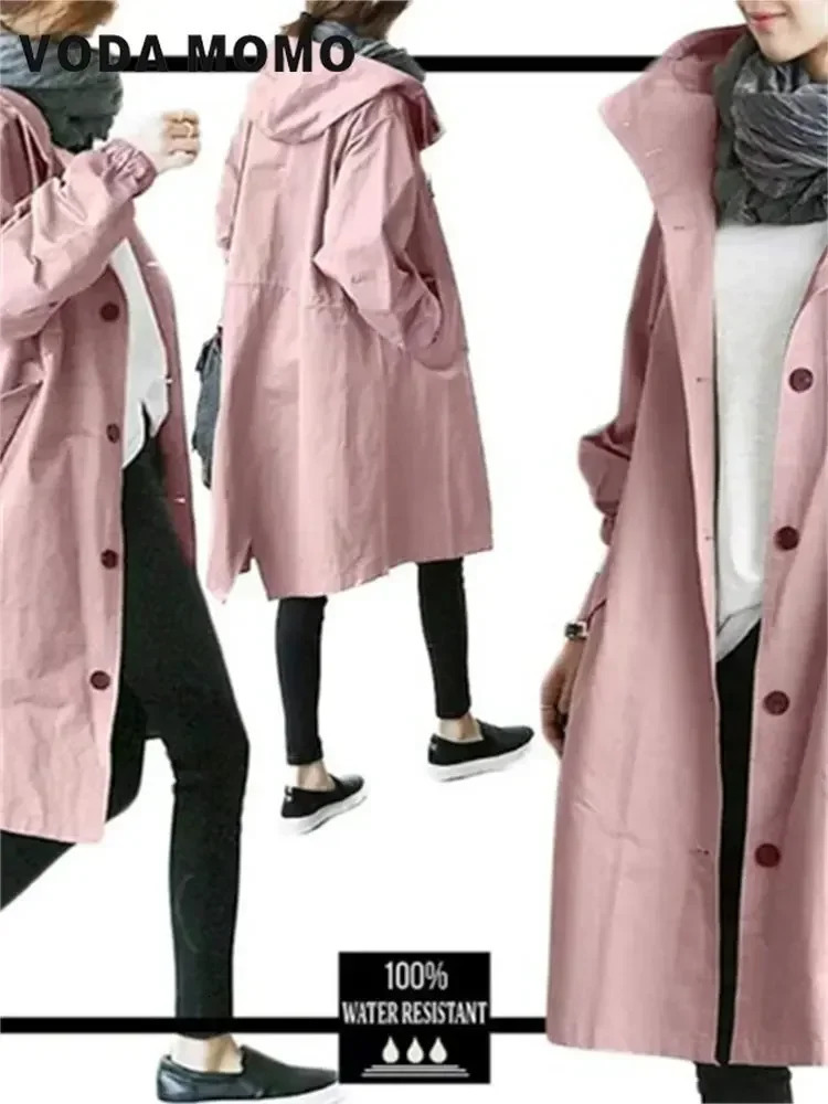 SpringSummer Casual Korean Fashion Hooded Medium length Coat Loose Windproof Womens Trench Solid Color Pocket 250409